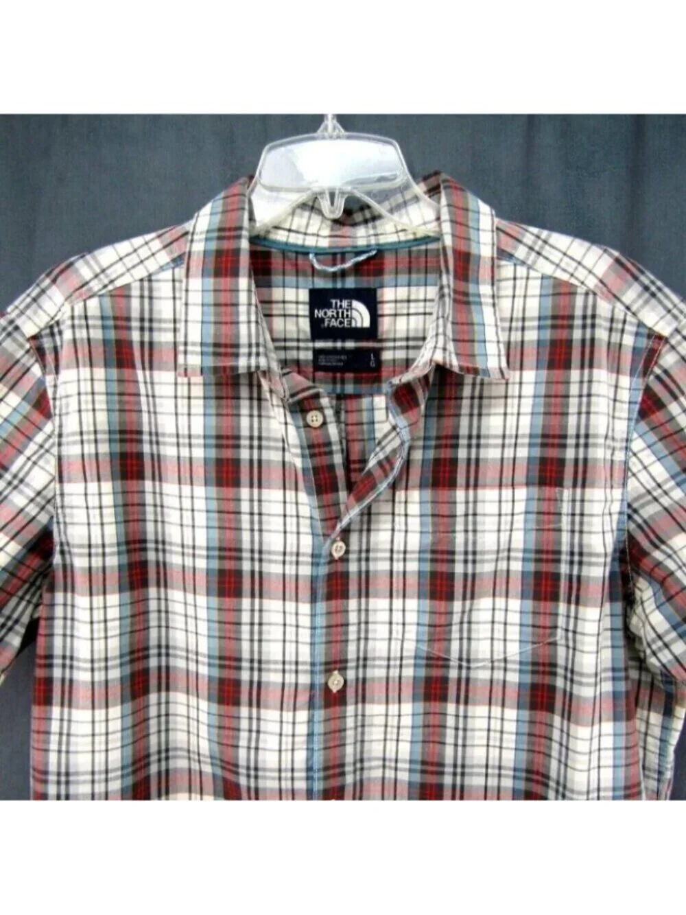 The North Face Red Blue Plaid Short Sleeve Button Up Shirt Mens Size L